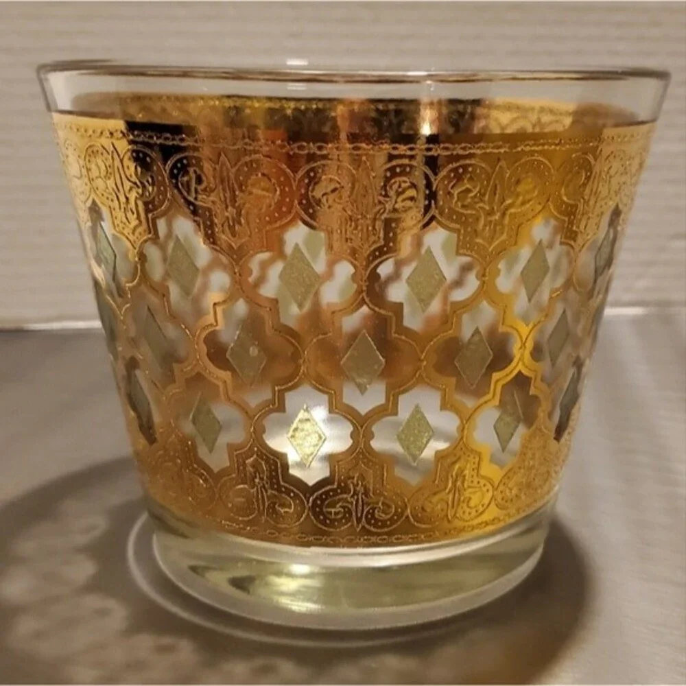 Vintage Culver Valencia 22K Gold Glass Ice Bucket with Green Diamonds MCM